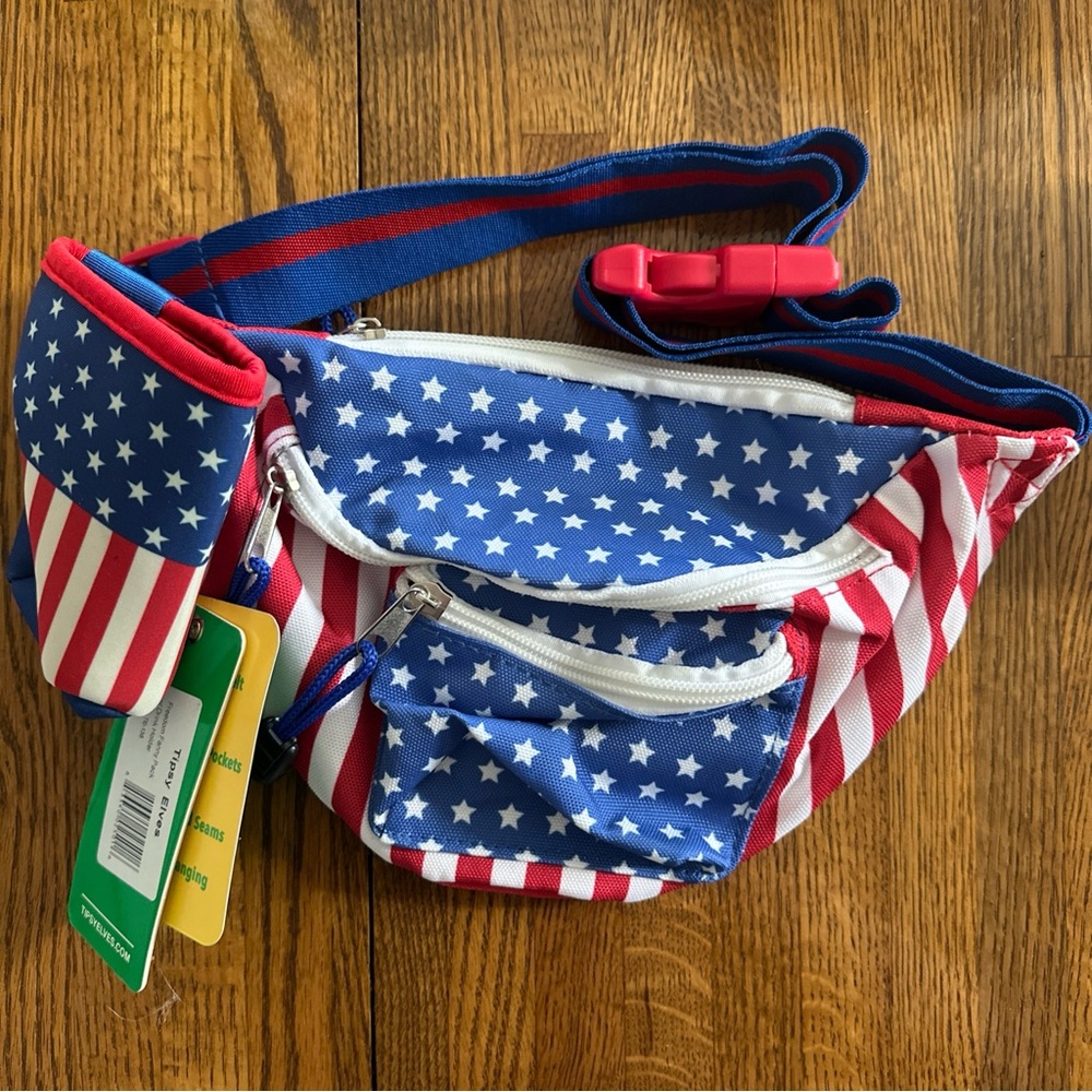 Tipsy Elves All American Fanny Pack Red White Blue Patriotic‎ w/Drink Koozie